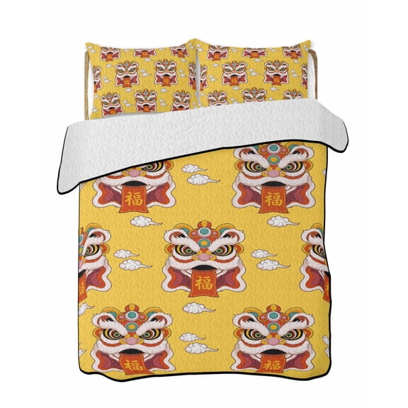 Lion Dance Quilts Bedding Set California King Happy New Year Chinese Style Lion Dance Auspicious Clouds Yellow Quilted Bedspread 3 Piece Bed Quilt with 2 Pillow Shams for Bedroom 96" x 106"