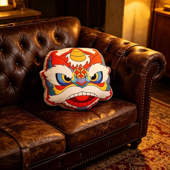 Lion Dance Shaped Throw Pillow with Insert, Trendy Sofa Bed Backrest Lumbar Support Cushion, Chinese Year Decor Gift for Office Home, Red Gold