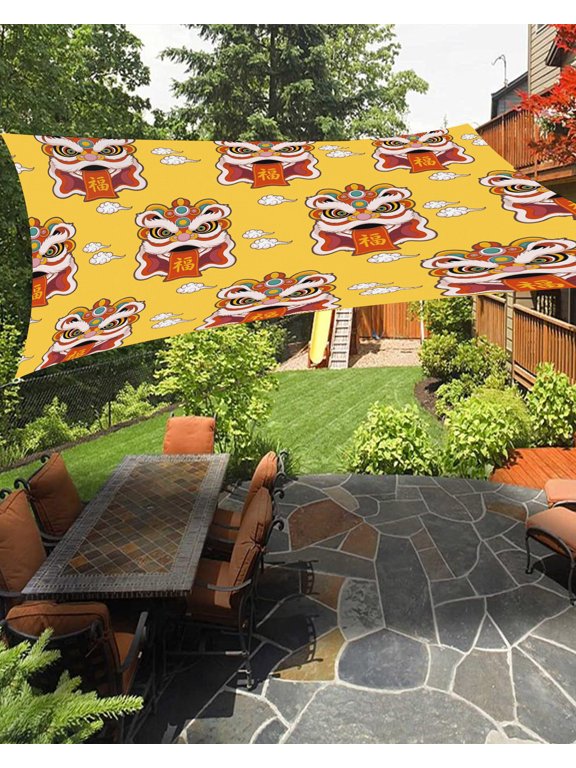 Lion Dance Sun Shade Sail 14'X18' Happy New Year Chinese Style Lion Dance Auspicious Clouds Yellow UV Block Outdoor Sail Shades Breathable Waterproof Rectangular Sunshade for Patio Garden Pool Porch