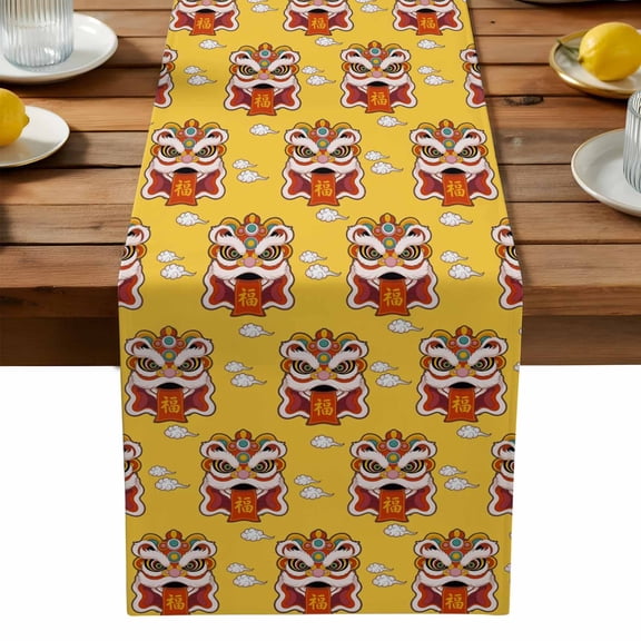 Lion Dance Table Runner, Happy New Year Chinese Style Lion Dance Auspicious Clouds Yellow Washable Kitchen Table Runners Dress Scarves for Dining Table Decorations Party, 13x108in