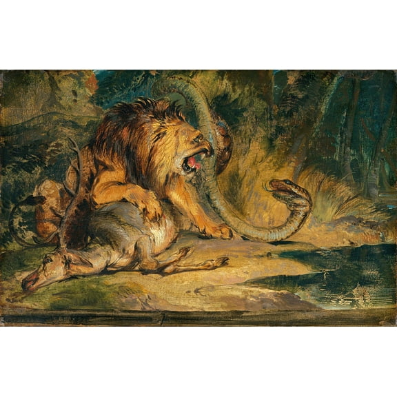 Lion Defending its Prey by Sir Edwin Landseer - 12" x 18" Art Print Wall Decor