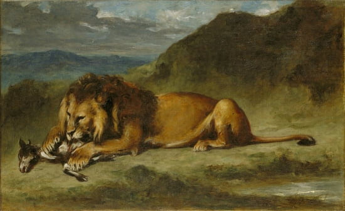 Lion Devouring A Goat Canvas Art - Eugene Delacroix (24 x 36)