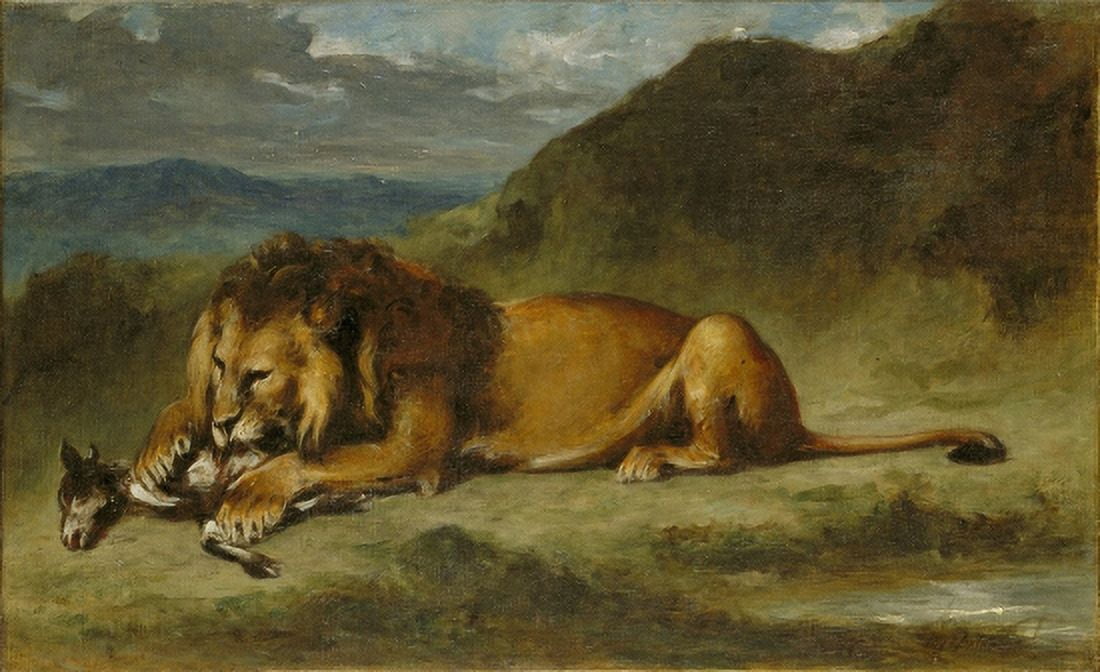 Lion Devouring A Goat Canvas Art - Eugene Delacroix (36 x 54)