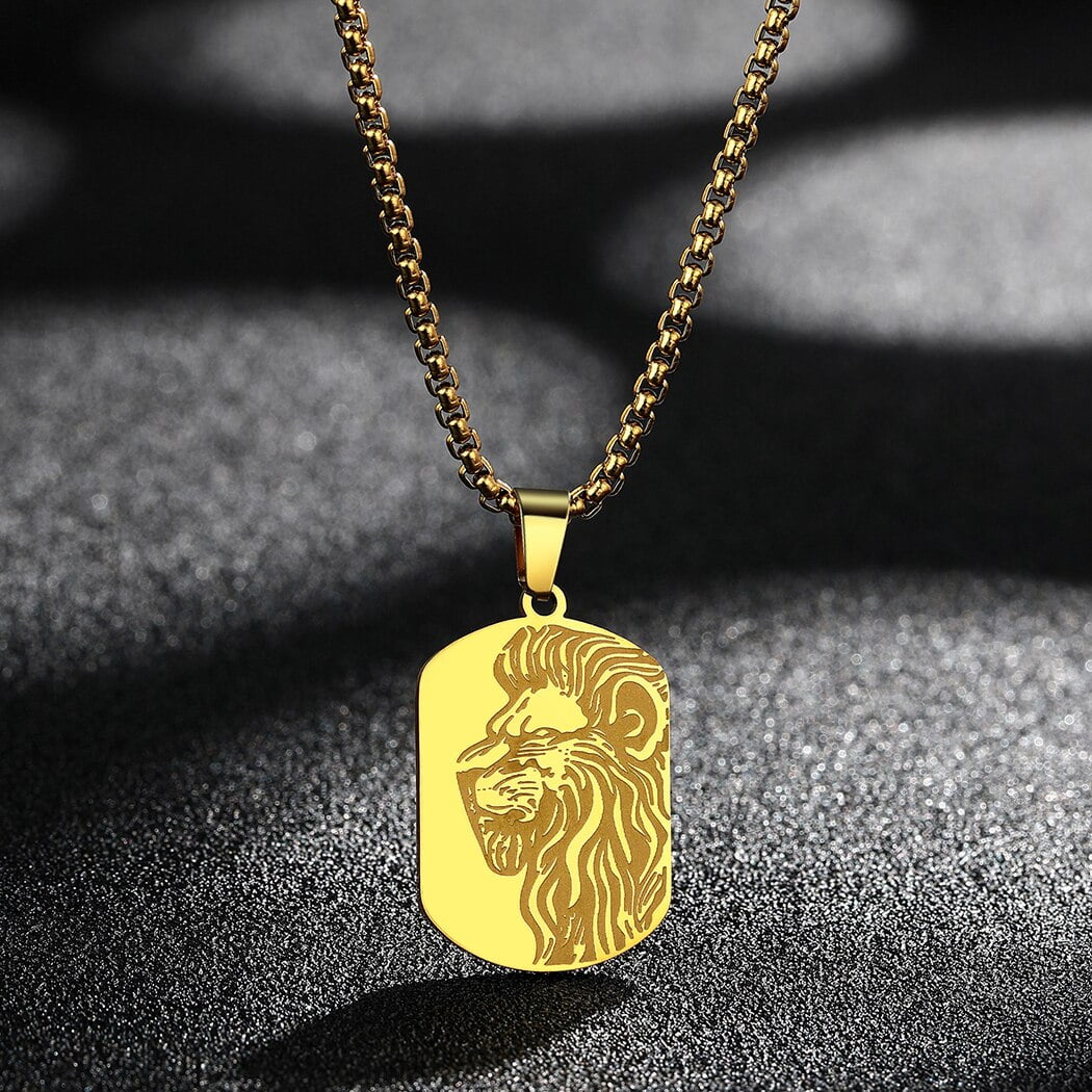 獅子彫刻タイチンルチルネックレス Lion Dog Tag Shield Emblem Pendant Men Stainless Steel Necklace