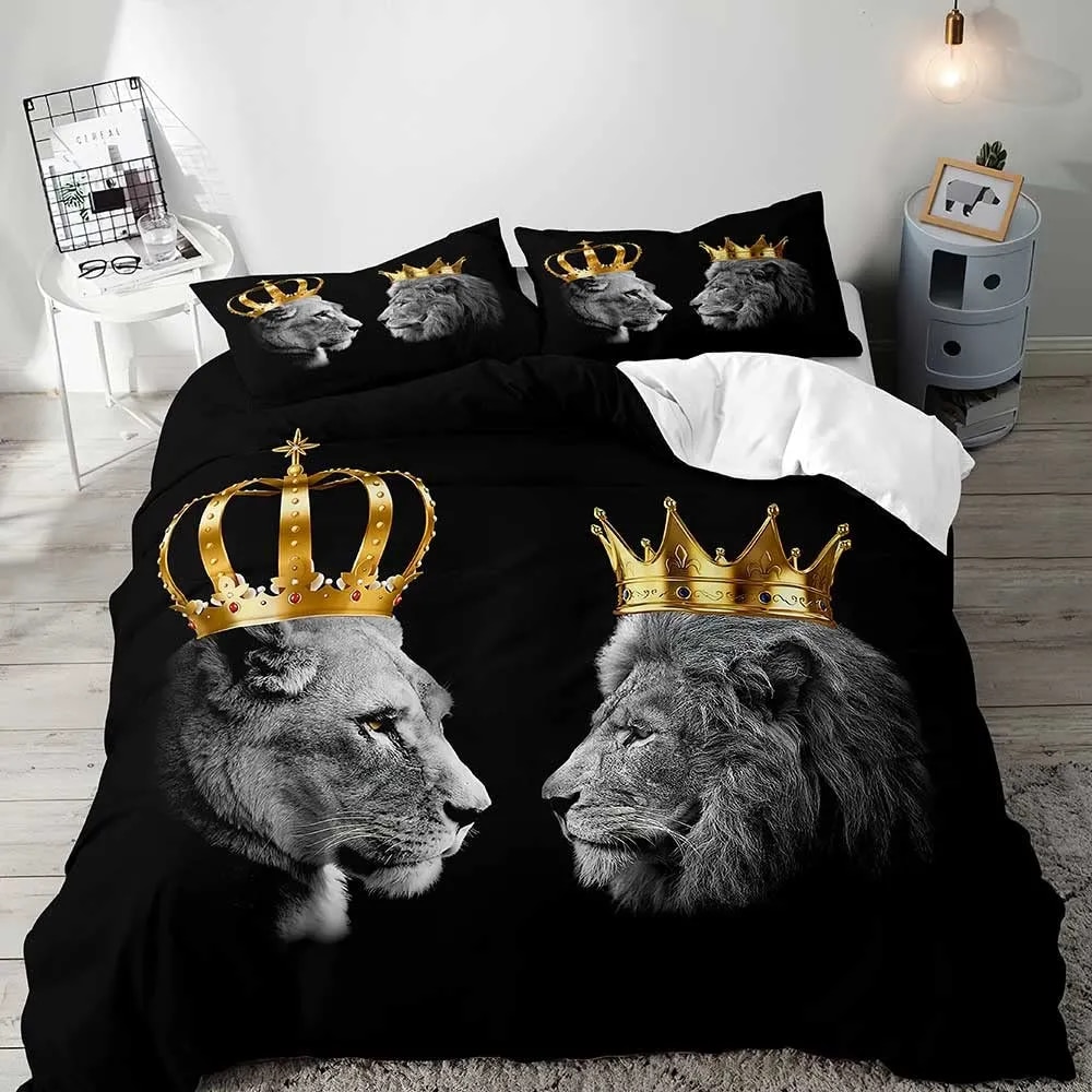 Lion Duvet Cover Set King African Safari Animal Black Bedding Set