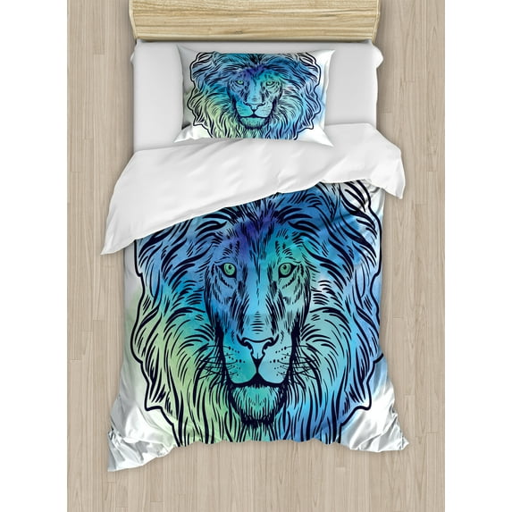 Lion Duvet Cover Set, Lion Portrait with Digital Effect King of Forest Illustration, Decorative 2 Piece Bedding Set with 1 Pillow Shams, Twin Size, Pale Blue Turquoise, by Ambesonne