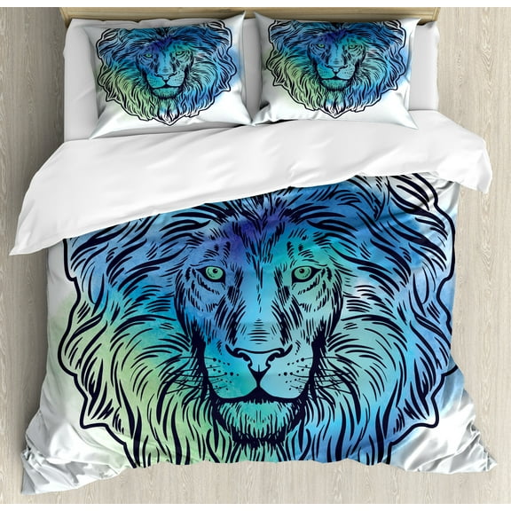 Lion Duvet Cover Set, Lion Portrait with Digital Effect King of Forest Illustration, Decorative 3 Piece Bedding Set with 2 Pillow Shams, Calking Size, Pale Blue Turquoise, by Ambesonne