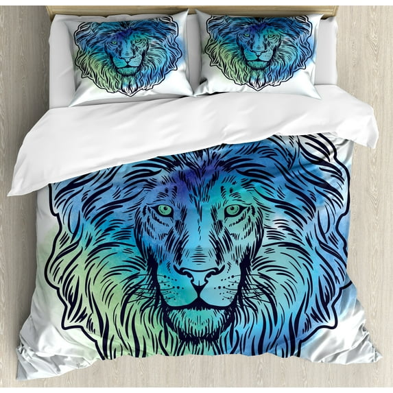 Lion Duvet Cover Set, Lion Portrait with Digital Effect King of Forest Illustration, Decorative 3 Piece Bedding Set with 2 Pillow Shams, Queen Size, Pale Blue Turquoise, by Ambesonne