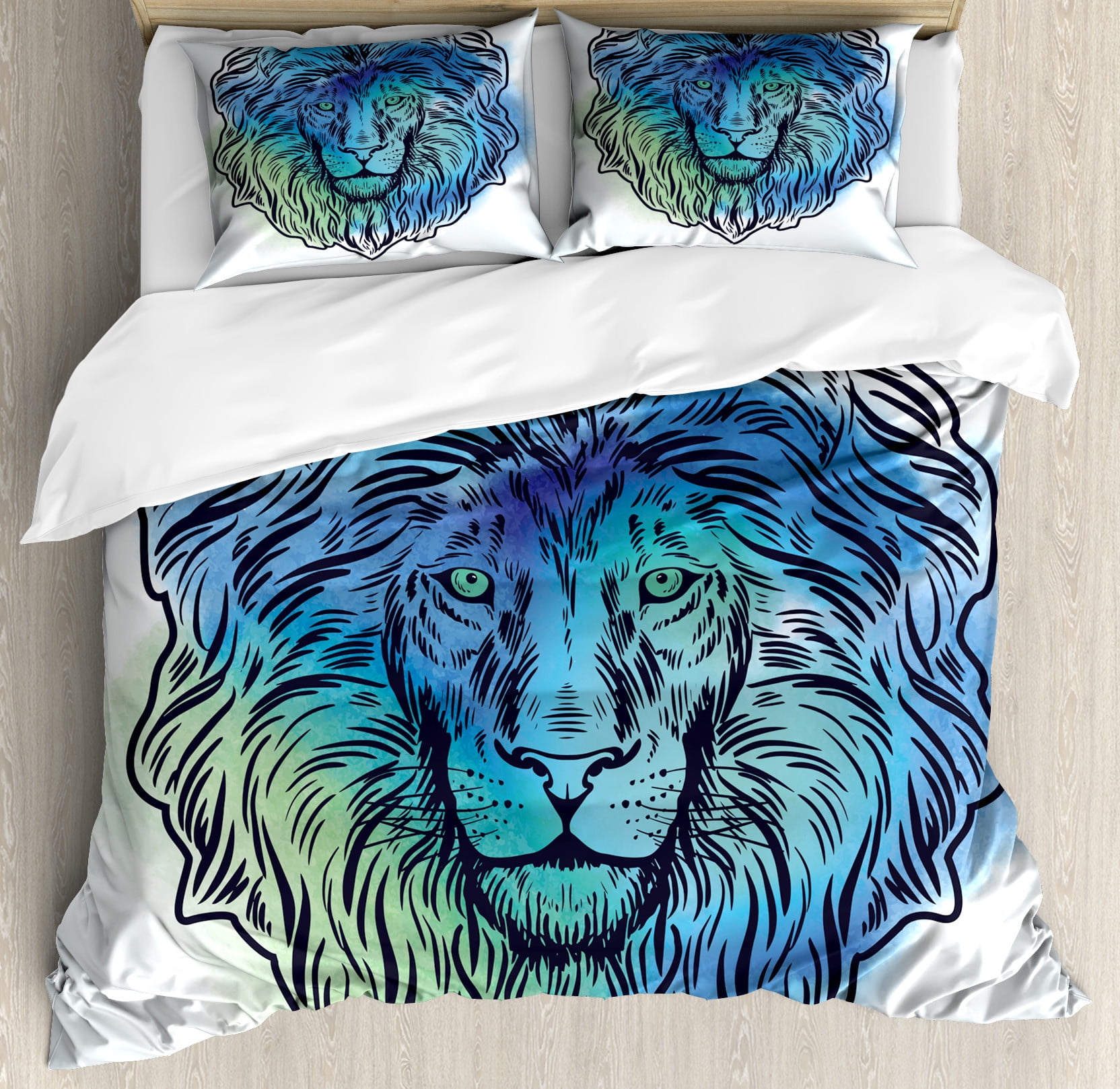 King Size Pale Blue Turquoise Lion Duvet Cover Set
