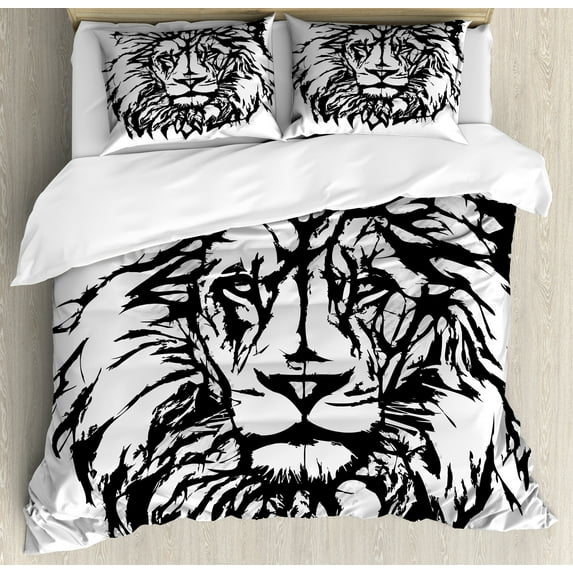 Lion Duvet Cover Set, Sketch Art of Savannah Animal King of the Jungle Savannah Wildlife, Decorative 3 Piece Bedding Set with 2 Pillow Shams, Queen Size, Pale Grey White and Black, by Ambesonne