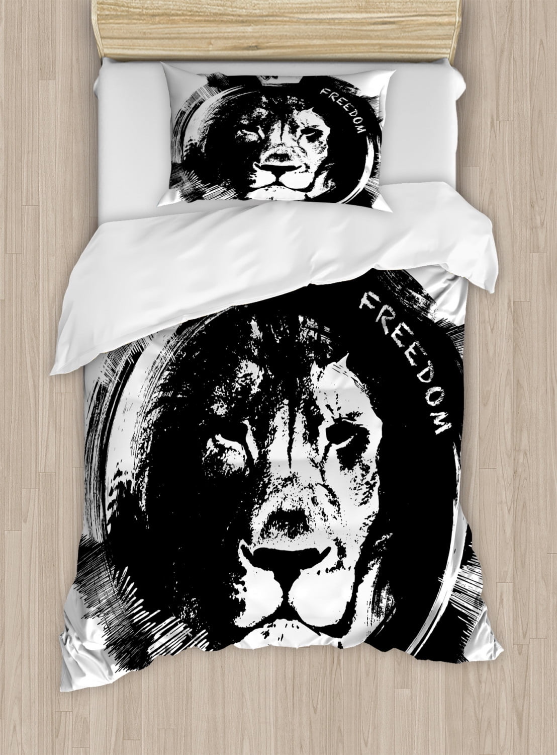 Black and White Lion Freedom Twin Duvet Cover Set