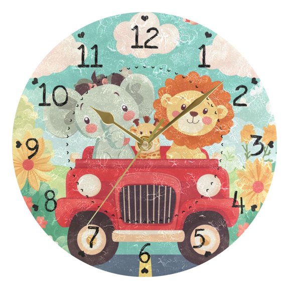 Lion Elephant Giraffe Drive Car Round Wall Clock Silent Analog Battery Operated Gold Pointer Home Decor 9.84" Diameter