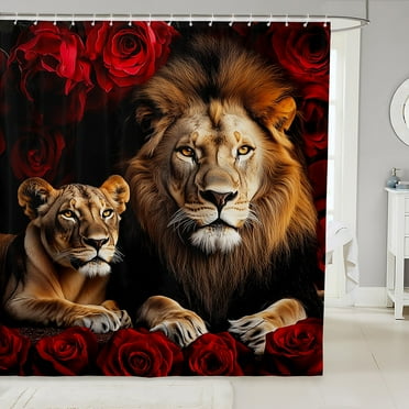 Lion Fabric Shower Curtain Red Rose Western Bath Curtain 72"Wx72"L,Animals Bathroom Shower Curtain Wildlife Flowers Bathroom Decor Wall Art