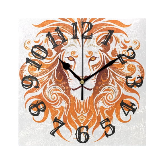 Lion Face Partern Wall Clock Square Silent Non Ticking Battery Operated Clock for Home Bathroom Kitchen Bedroom Living Room