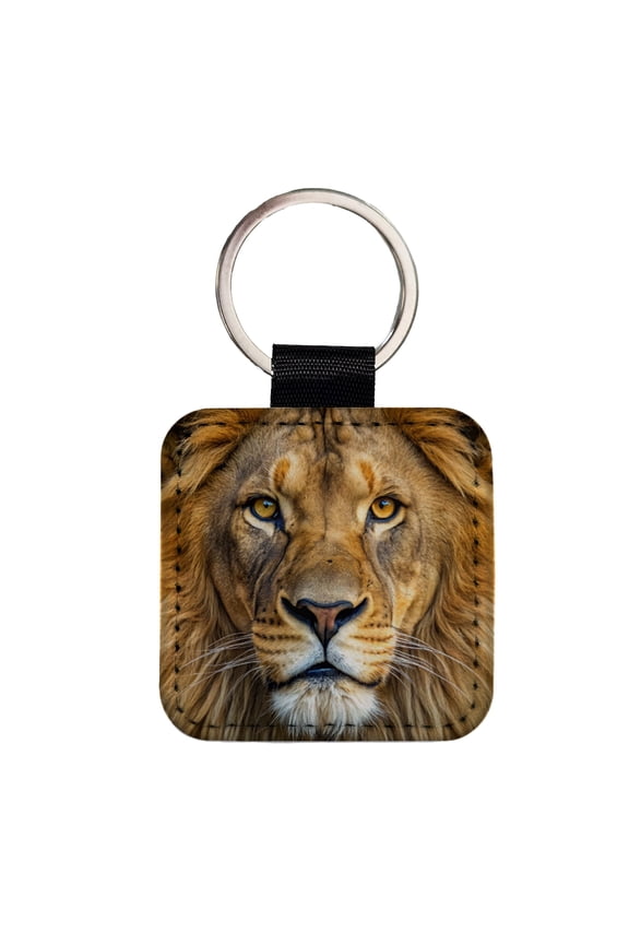 Lion Face Faux Leather Square Keychain
