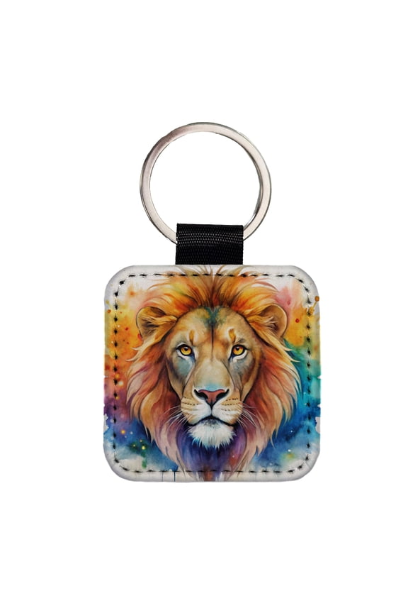 Lion Face Watercolor Faux Leather Square Keychain