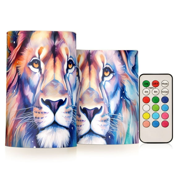 Lion Face by Painting Flameless CandlesLED Lights Battery Operated Candles with Remote and Timers Flicker Lights Votive Set of 2