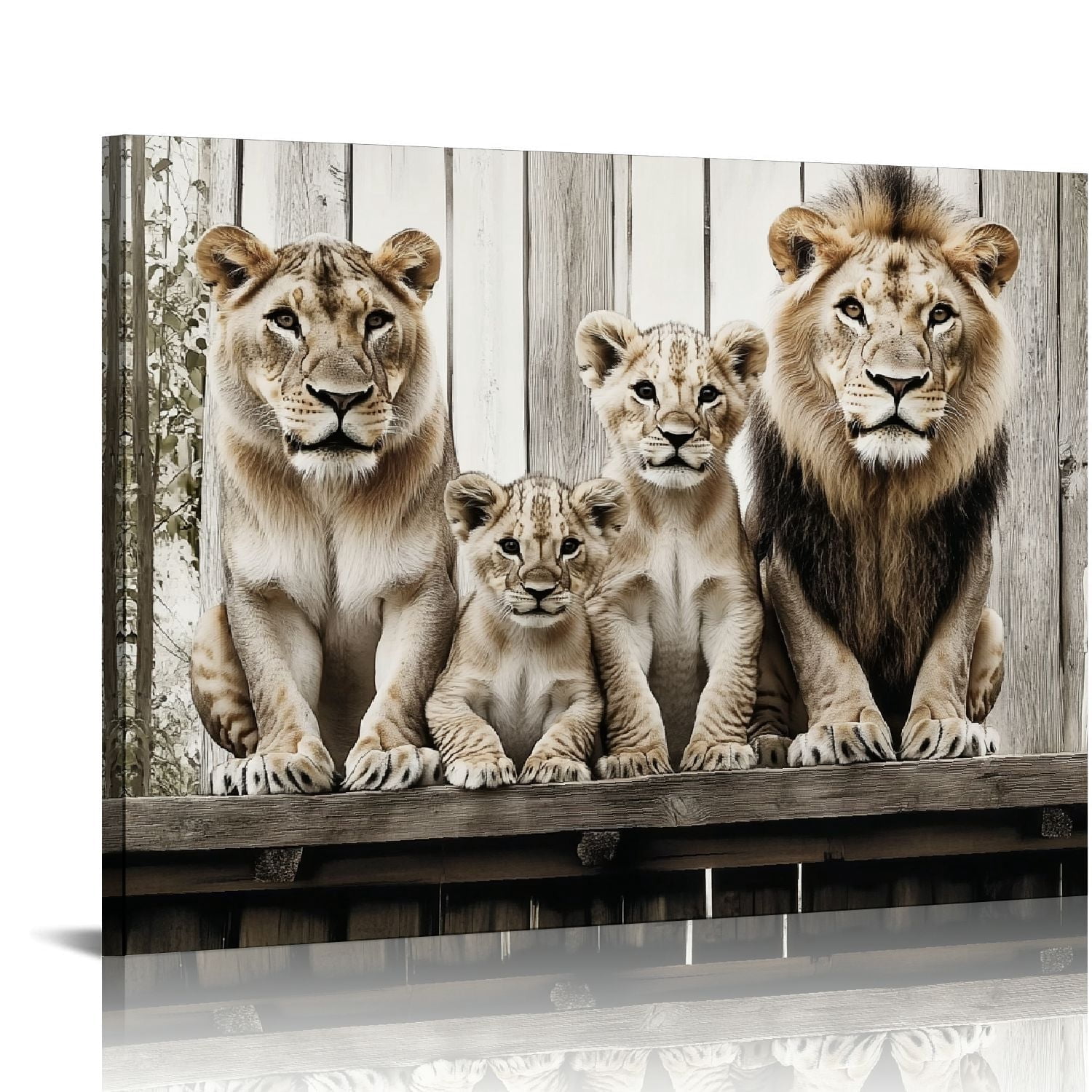 Lion Family Canvas Wall Art Black and and Cub Picture on Wood ...