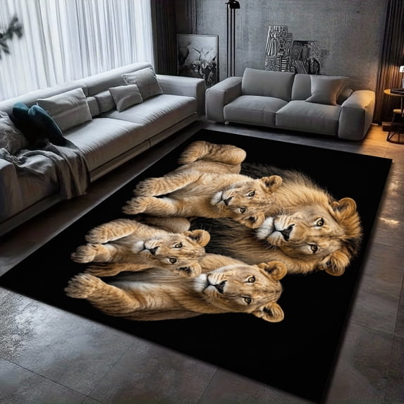 Lion Family Portrait On Black Background Rug Design Area Rug for Living ...