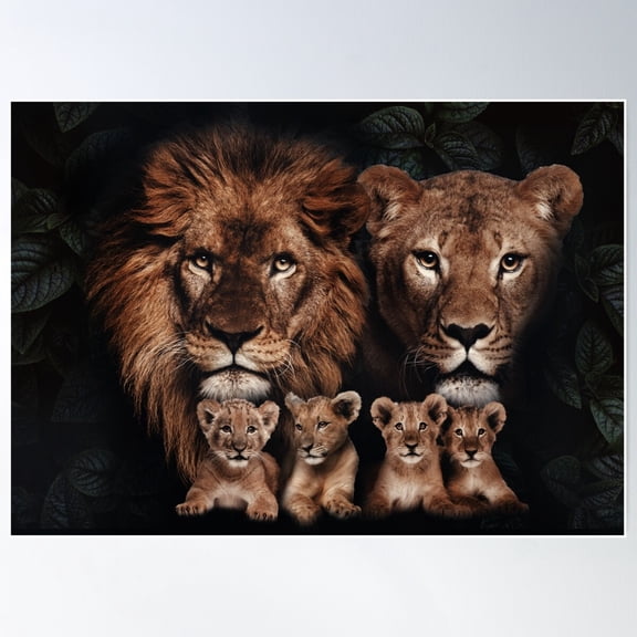 Lion Family With Four Cubs Poster Wall Art, Modern Wall Decor For Living Room Bedroom, 16x24 UNFRAMED
