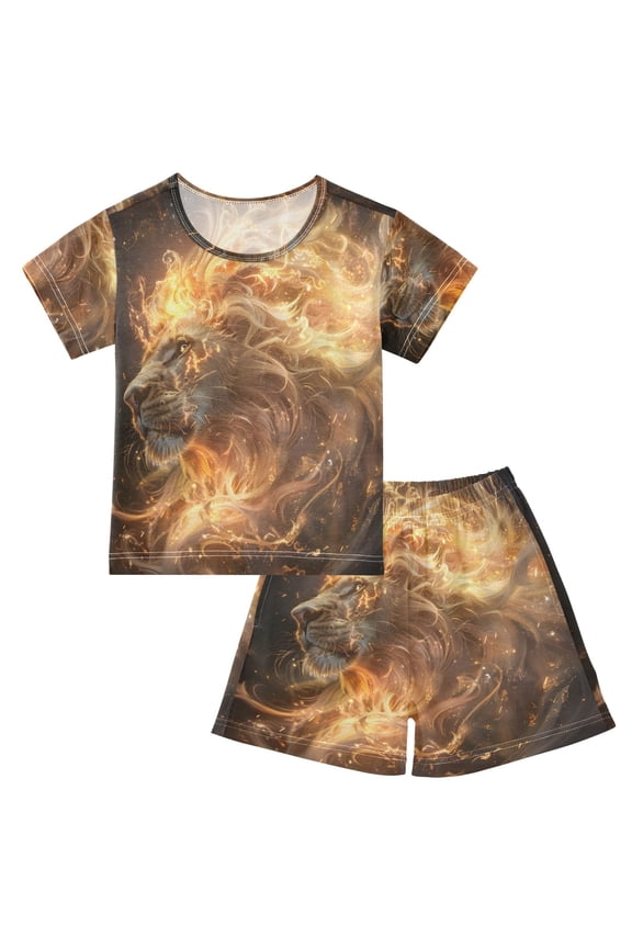 Lion Flame Dream Summer Pajama Set Soft Cotton Short Sleeve Sleepwear 2PCS Pajama Sets Breathable Lounge Set Size 12Y