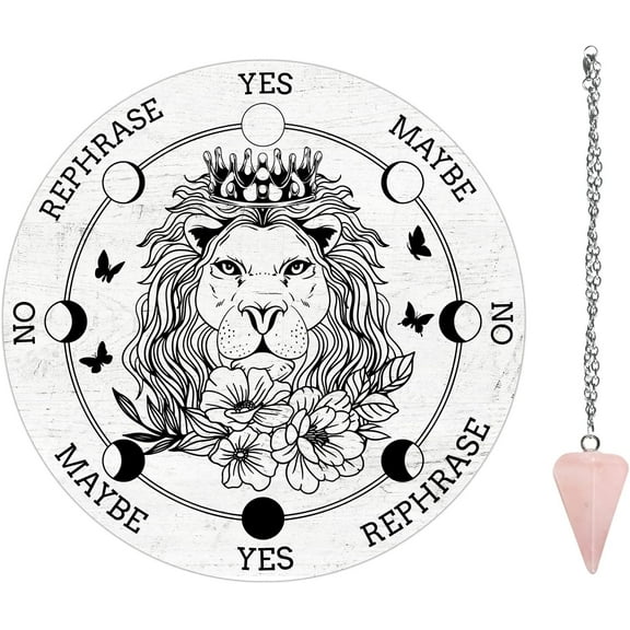 Lion Flower Pendulum Board set 7.8'' Wooden Dowsing Divination Board White Metaphysical Message Board with Pendulum Necklace for Witchcraft Wiccan Altar Decoration Supplies Kit