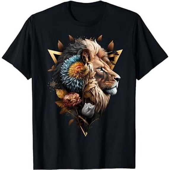 Lion Flowers Artwork Animal Print Art Lion MotifLarge size loose black breathable fabric T-Shirt