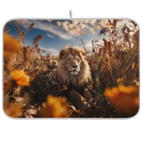Lion Flowers Sky Grass Dish Drying Mat Dish Drainer Rack Mats Water Absorbent Non-Slip Easy Clean Heat Resistant for Kitchen Counter