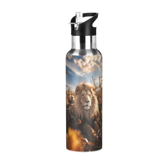 Lion Flowers Sky Grass Sports Water Bottle with Straw Lid Insulated Stainless Steel Leak Proof BPA Free Thermal Mug with Handle for Gym Yoga Cycling Camping