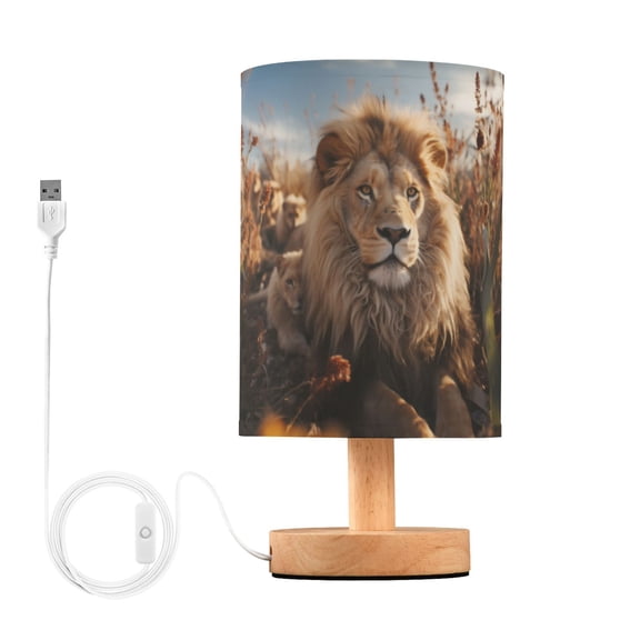 Lion Flowers Sky Grass Table Lamp USB Bedside Desk Nightstand Lamp Printed Gifts Small Lamp Wood Base for Bedroom Living Room Kids Room College Dorm
