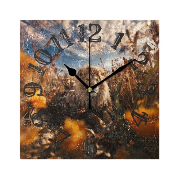 Lion Flowers Sky Grass Wall Clock Square Silent Non Ticking Battery Operated Clock for Home Bathroom Kitchen Bedroom Living Room