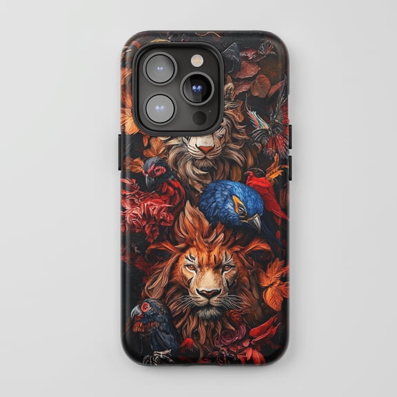 Lion For iPhone Protective Phone Case Jungle Wildlife Theme Vibrant Dark Multicolor