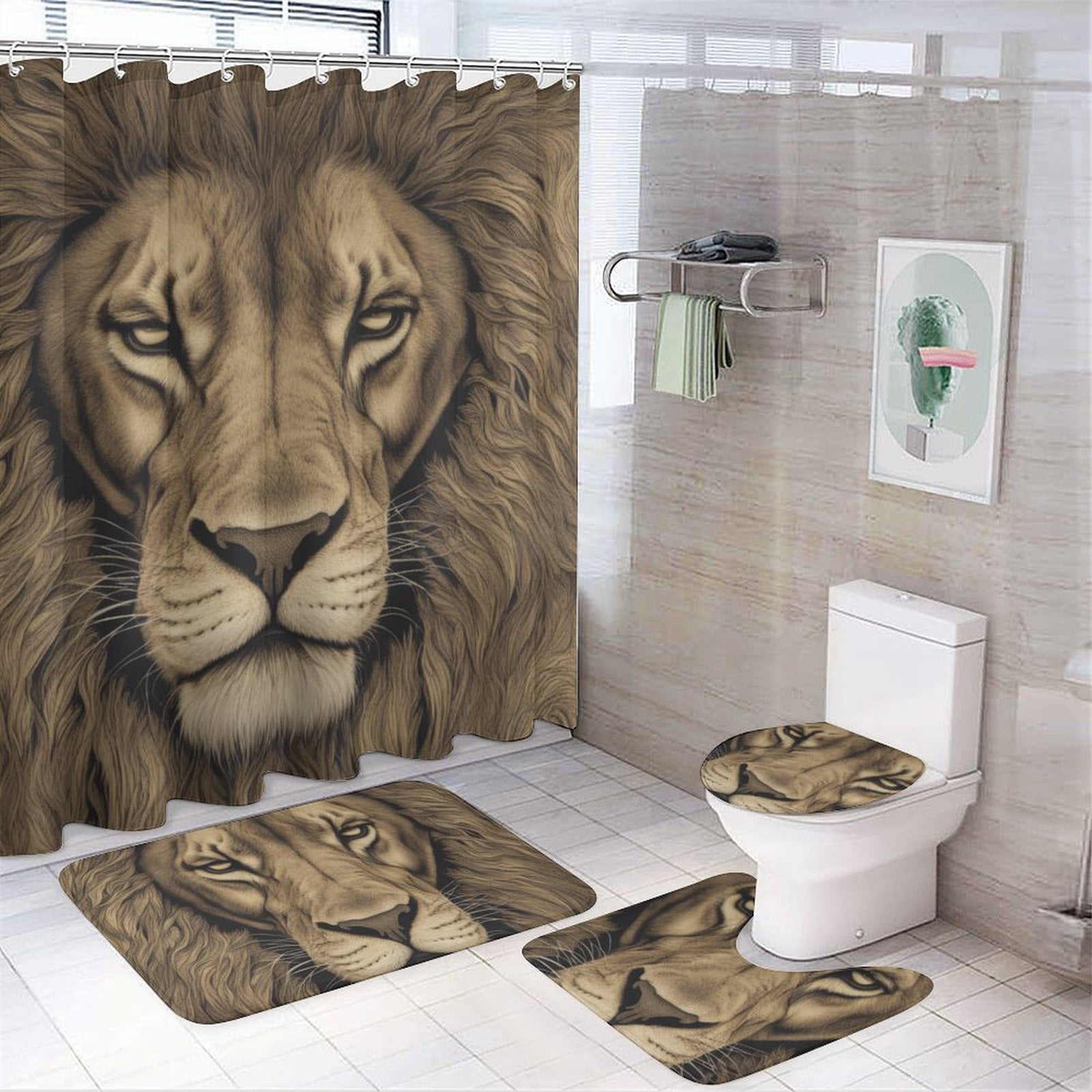 Lion Fur Pattern 4 Pcs Bathroom Shower Curtain Set, Bathroom Sets with Rugs (Bath Mat, U Shape and Toilet Lid Cover Mat) and 12 Hooks,