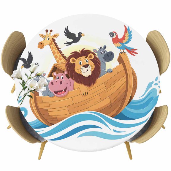 Lion Giraffe Bird Boat Ocean Waves Fitted Round Tablecloths Table Covers 45"-54",Waterproof Table Cloth for Kitchen Holiday Party Tables Decor