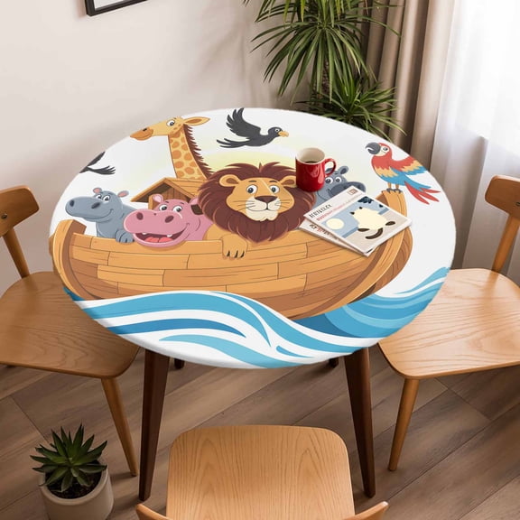 Lion Giraffe Bird Boat Ocean Waves Round Fitted Tablecloth with Elastic Edge,Waterproof Table Cloth Fits Tables Up to 45"-54",Wipeable Washable Table Cover for Indoor Outdoor Dinning,Cartoon Animal