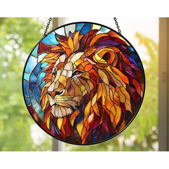 Lion Glass Suncatcher – Jungle Safari Window Hanging, Colorful Lion Head Glass Panel, Bold Animal Home Wall Décor, 3.5 in