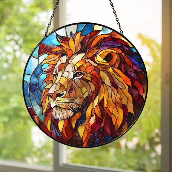 Lion Glass Suncatcher, Jungle Safari Window Hanging, Colorful Lion Head Panel, Animal Wall, 3.5 in