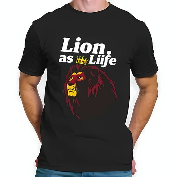 Lion Graphic Cotton Short Sleeve T-Shirt - Bold 'Lion as Lüfe' Design on Dark Background - Unisex Fit
