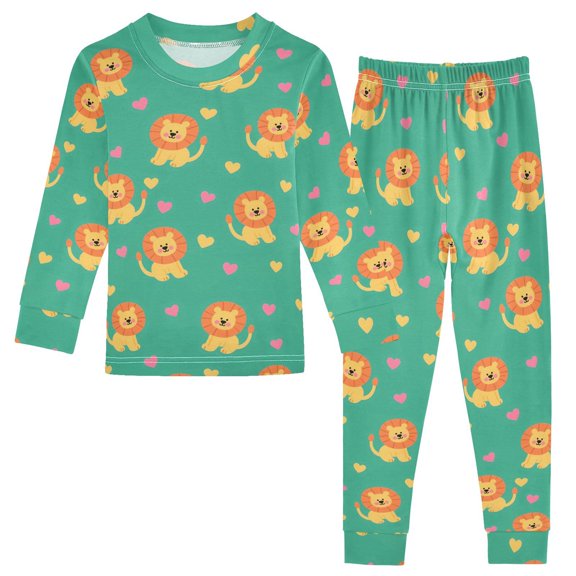 Lion Green Background Pattern Cotton Pajamas 2 Piece Set Sleepwear Soft and Comfortable Homewear Nightwear