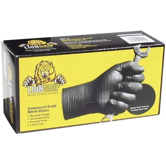 Eppco Lion Grip Nitrile Gloves, Powder and Latex Free, Black, 7MIL, Tread Texture, XL, 1 Box