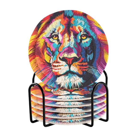 Lion Head 6 Pcs Drink Coasters with Holder Absorbent Coasters Woven Coasters for Drinks Table Desk Protection Home Decor