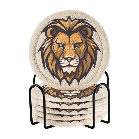 Lion Head Brown 6 Pcs Drink Coasters with Holder Absorbent Coasters Woven Coasters for Drinks Table Desk Protection Home Decor