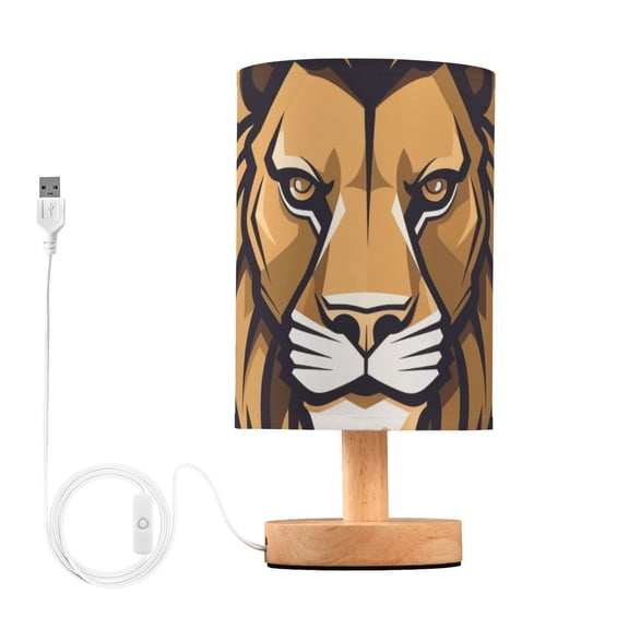 Lion Head Brown Table Lamp USB Bedside Desk Nightstand Lamp Printed Gifts Small Lamp Wood Base for Bedroom Living Room Kids Room College Dorm