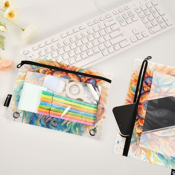 Lion Head Colorful 2 Pack Pencil Pouches Zipper Pencil Case 3 Ring Pencil Pouch Cosmetic Bag
