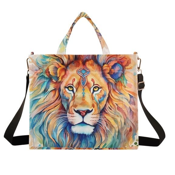 Lion Head Colorful Corduroy Tote Bag Handbag Large Messenger Bag Shoulder Crossbody Zipper Bag Purse