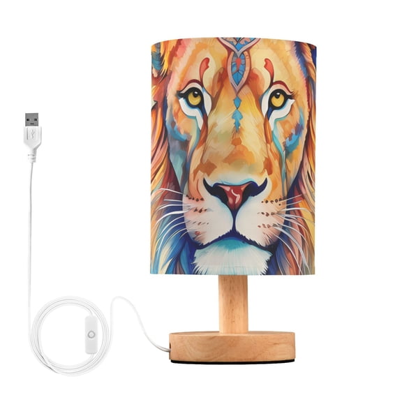 Lion Head Colorful Table Lamp USB Bedside Desk Nightstand Lamp Printed Gifts Small Lamp Wood Base for Bedroom Living Room Kids Room College Dorm