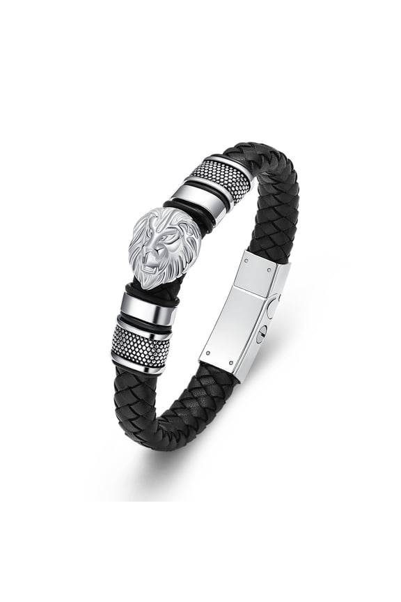 Lion Head Cremation Urn Bracelet for Ashes Stainless Steel Urn Bangle Braided Leather Wristband Cuff Bangle Urn Bangle Bracelet for Women Men