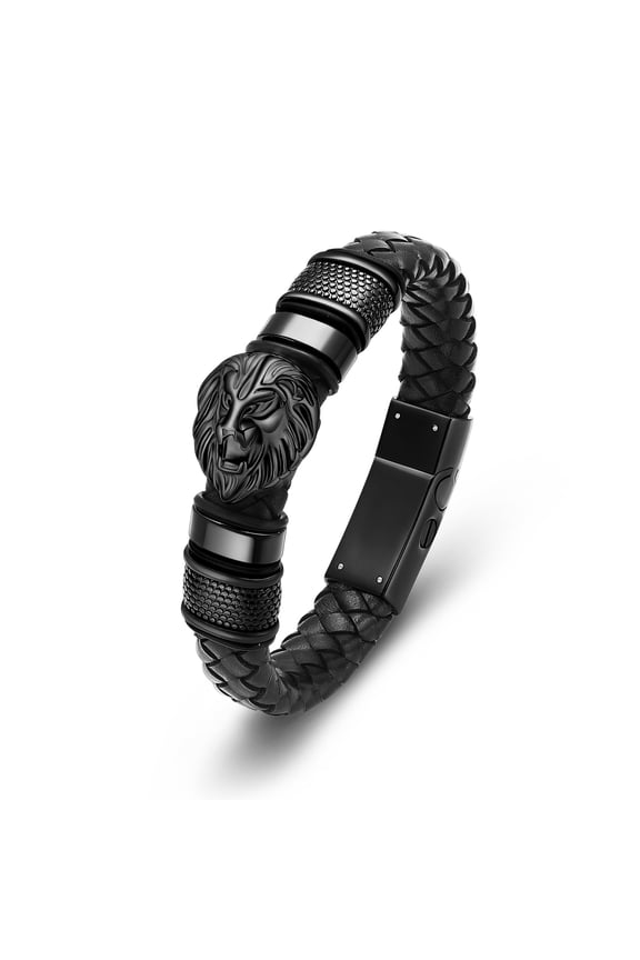 Lion Head Cremation Urn Bracelet for Ashes Stainless Steel Urn Bangle Braided Leather Wristband Cuff Bangle Urn Bangle Bracelet for Women Men