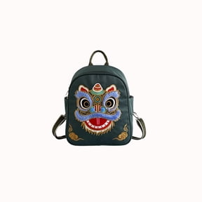 Lion Head Embroidery Backpack, Kawaii Traditional Decorative Bookbag Boho Ethnic Embroidery Tote Bag with Adjustable Strap for Home Office Use