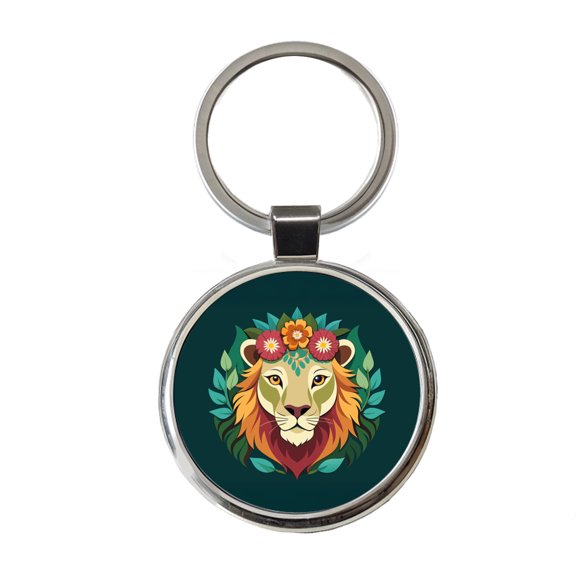 Lion Head Floral Flowers Metal Round Keychain